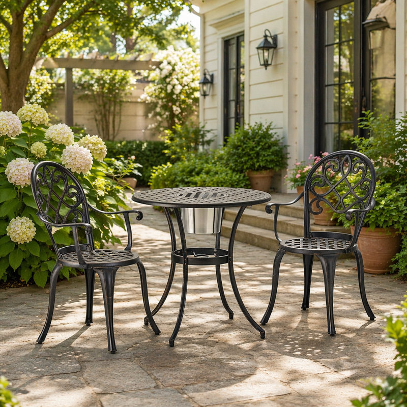 Ensemble bistro en aluminium coulé avec seau à glace 3 pièces CAMDEN, parfait pour les réceptions en plein air et la détente
