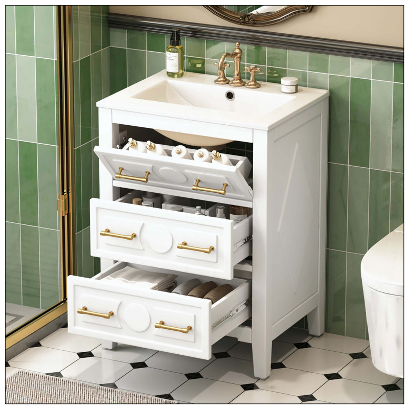 Tiroirs de meuble-lavabo en céramique sur pied, Blanc