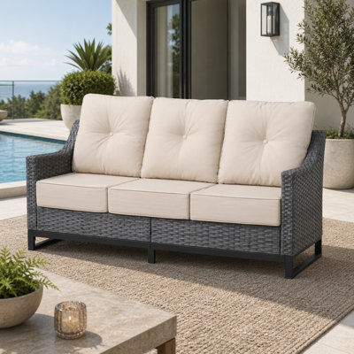 Canapé d'extérieur 71,65 po, canapé d'extérieur en osier 3 places avec coussins en oléfine de 6 po, canapé en rotin PE tissé à la main avec structure en métal pour porche, terrasse, cour arrière, gris / beige