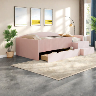 Lits avec rangement, lit de jour simple en velours et panneau de fibres à densité moyenne, maison moderne peu encombrante