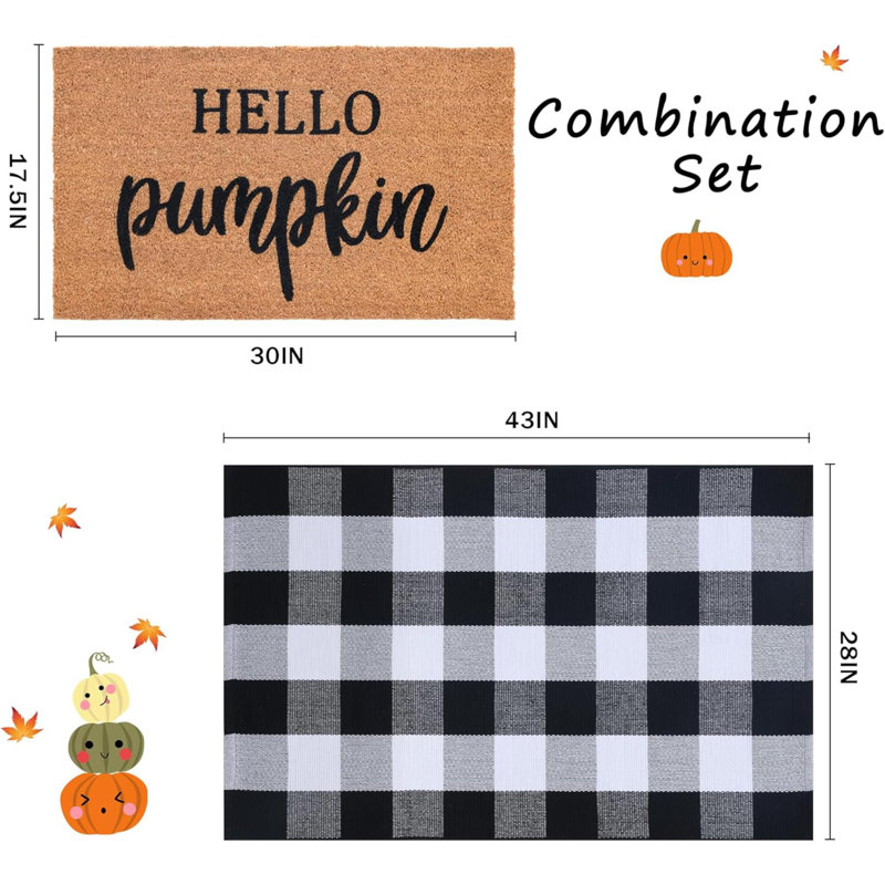 Fall Decor Door Mat Combo Set, 100% Coco Coir Welcome Mat  Plaid Rug - Fall Thanksgiving Front Porch Entryway Floor Doormat, Indoor Outdoors Autumn Mats Hello Pumpkin
