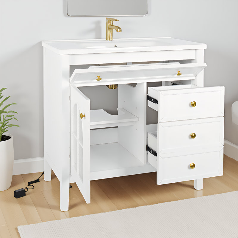 Meuble-lavabo autoportant 36 po avec éclairage à capteur, lavabo en verre à motifs et rangement Farmhouse, Blanc