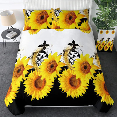 Black & White Sunflower Duvet Cover Set – Soft Bedding With Zipper Closure, Reversible Print