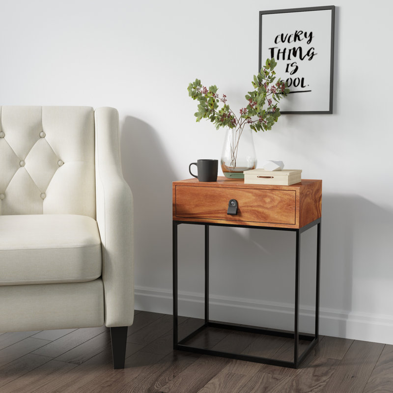 ClickDecor Milo Wood Side Table with 1 Drawer, Leather Handle Pull, Modern Living Room Storage, Square Nightstand for Small Space, Black Metal Legs, Walnut Brown
