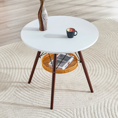 31.5-Inch Diameter Circular Dining Table, MDF Vacuum Formed Tabletop,  Solid Wood Legs, With Suspended Woven Storage Basket Structure. A Casual Coffee Table Suitable For 2-4 People.
