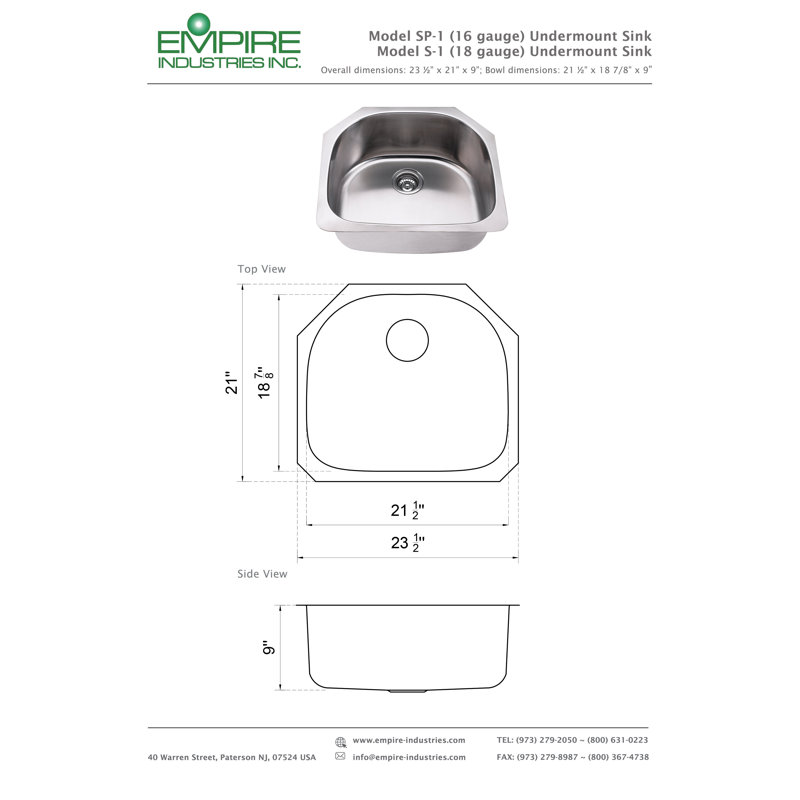 24" L x 21" W Undermount Kitchen Sink