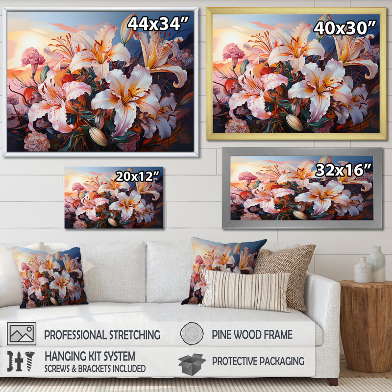 Succulent Sunset Lilies - reproduction sur toile, H 24 po x l 32 po x P 1 po, Cadre flottant noir