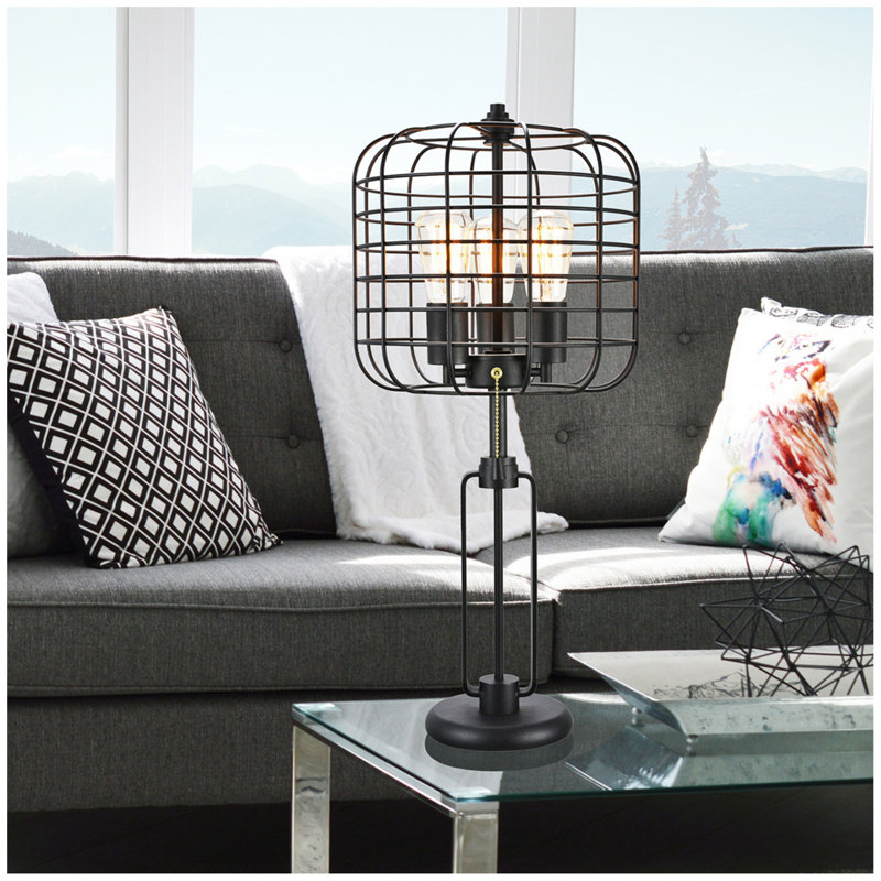 Lampe de table 3 lumières 26,5 "de haut" Edison ", conception de cage industrielle, thermolaquée