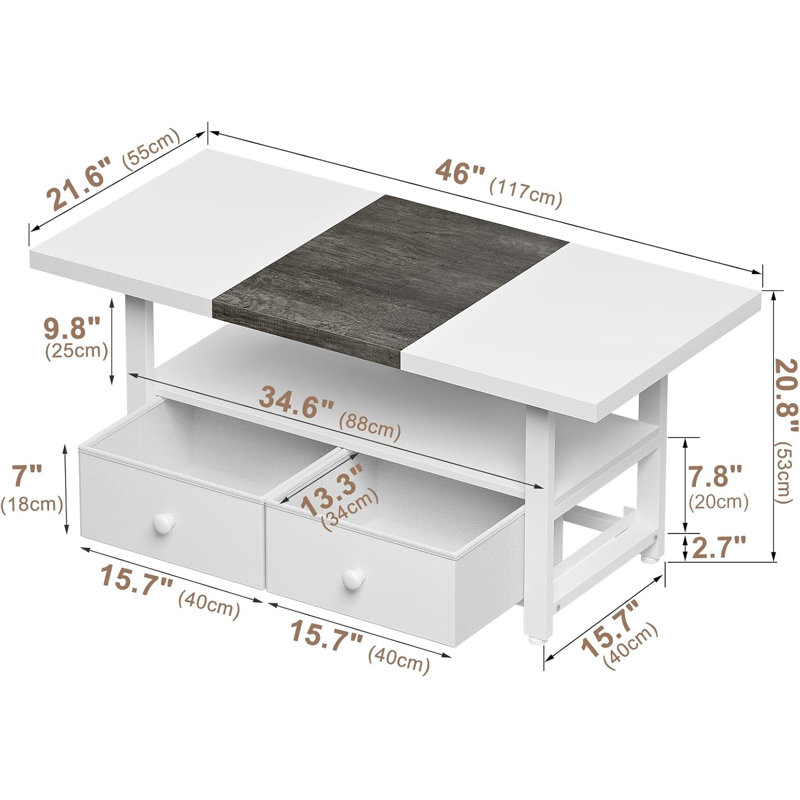 2-Tier Coffee Table With Storage Shelf And 2 Drawers, 46'' Rectangular Centre Table Wood Top For Living Room Reception Room, Metal Frame, Easy Assembly, Oak