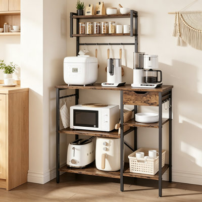 Microwave Oven Kitchen Storage Rack, 90cm Wide Organizer with 2 Adjustable Removable Shelves, Drawers and 10 S-Hooks, High Load-Bearing Design