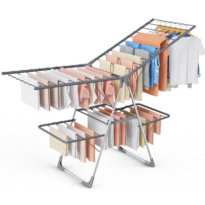 Clothes Drying Rack, Foldable 2-Level Laundry Drying Rack with Height-Adjustable Wings, for Clothing & Bedding, Free-Standing Space-Saving Rack, Indoor & Outdoor, 70" L × 22.8" W, Gray
