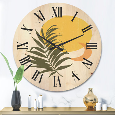 Horloge murale abstraite soleil et lune avec feuille tropicale I