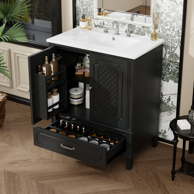Ensemble de meuble-lavabo simple 30 po avec plateau en céramique, Argent argent, Noir