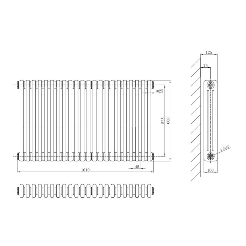 Uxbridge Horizontal Traditional Colosseum Radiator, White, 600mm H x 1010mm W x 130mm D