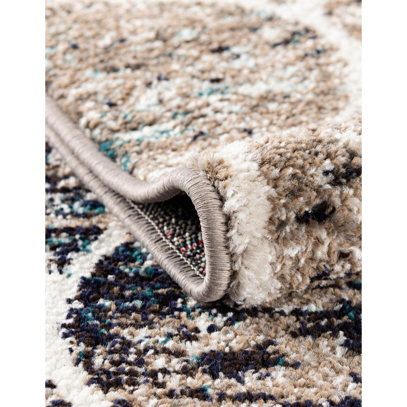 Riverlea Geometric Brown Area Rug, Multi Blue, Round 10'