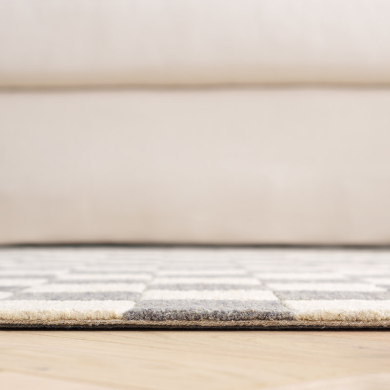 Gray and Ivory Checkered Handmade Wool Area Rug, 8' x 10'