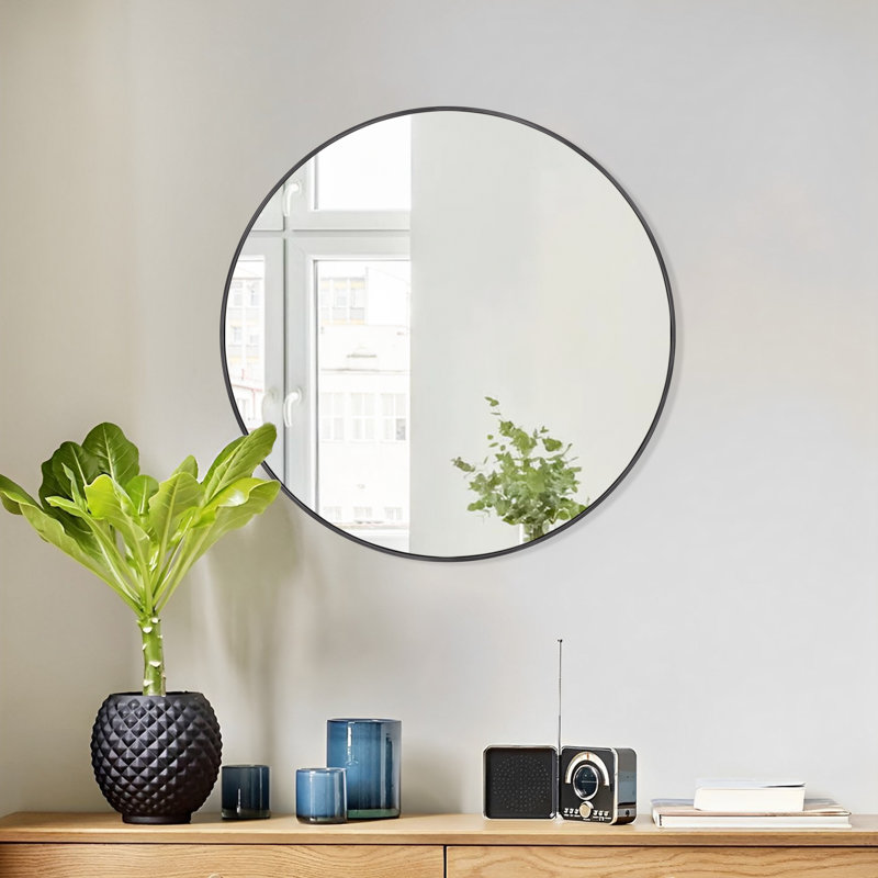 Modern Round Framed Wall Mounted Mirror, 24" x 24", Black
