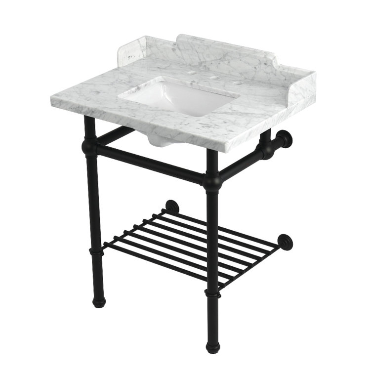Kingston Brass Pemberton 30-Inch Carrara Marble Console Sink with Brass Legs and Shelf (8-Inch, 3-Hole)