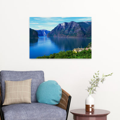 Grassy Hillside Along Norwegian Fjord Norway. Tranquil Abstract Contemporary Mountain Nature Art