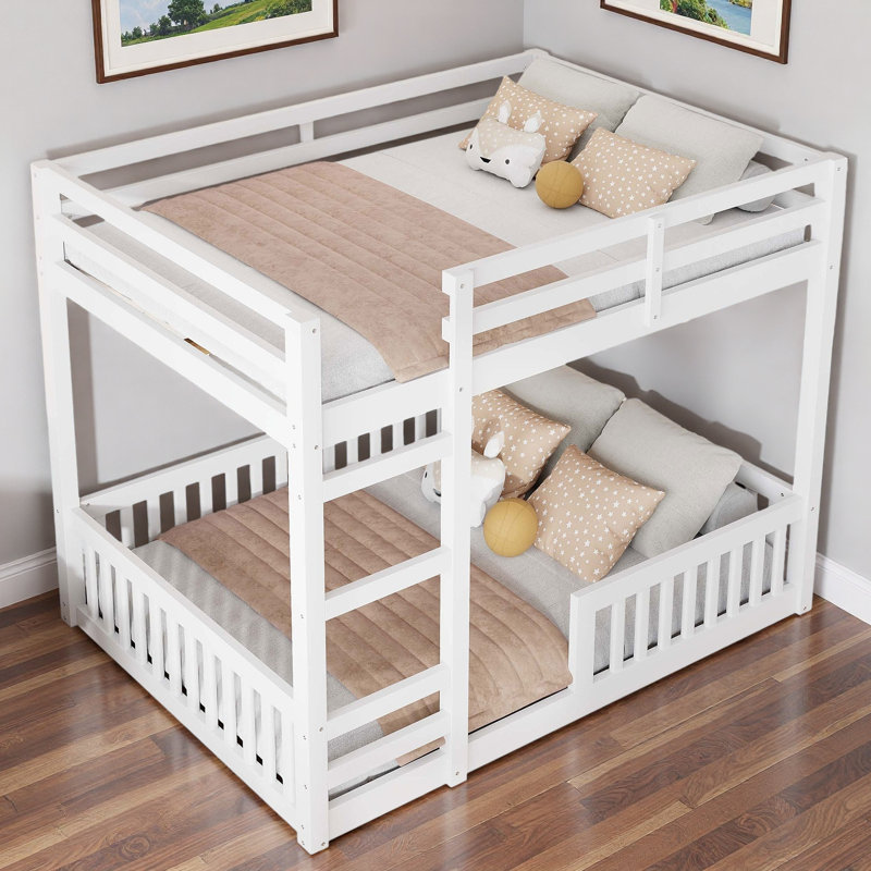 Wood Bunk Bed With Ladder And Guardrails, White