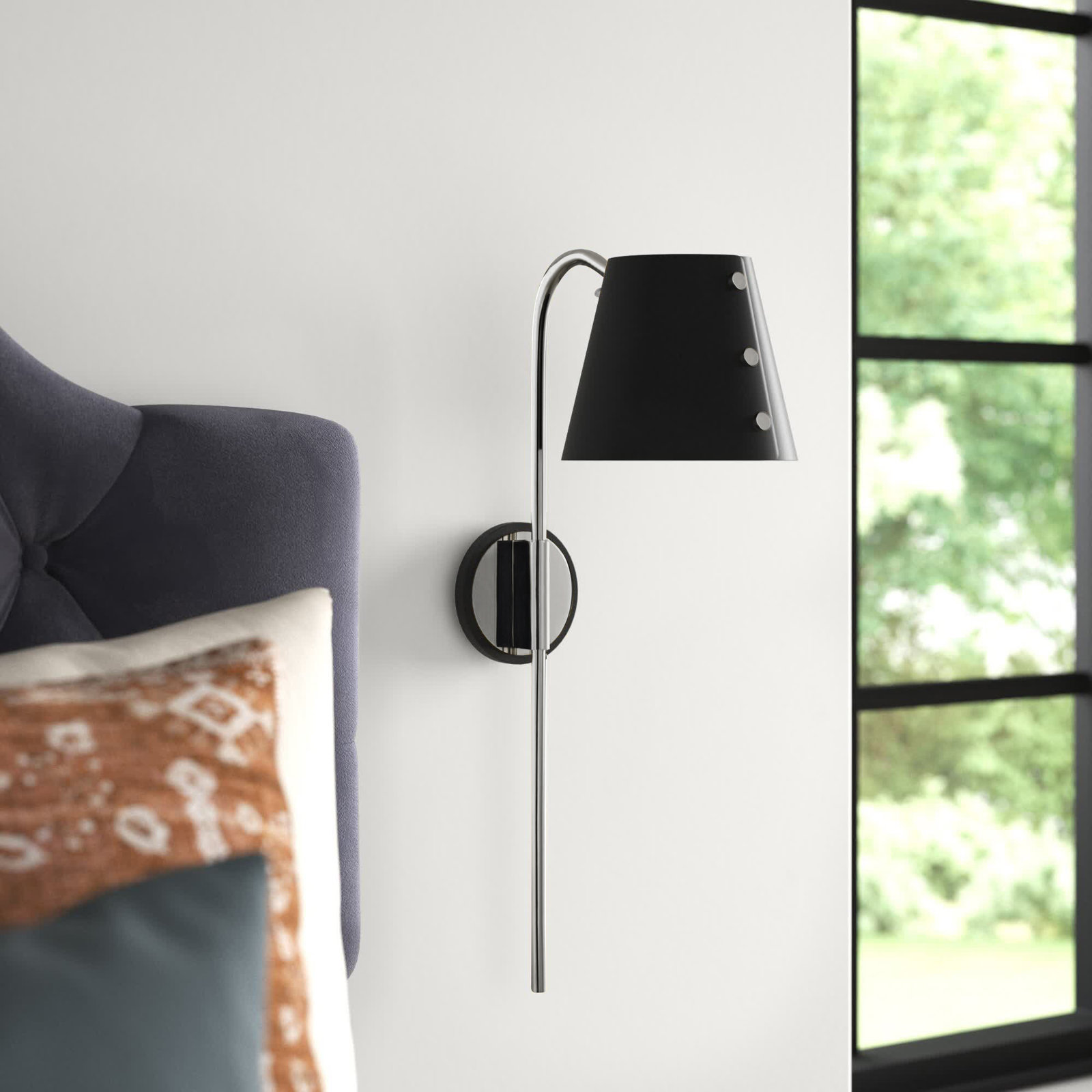 Daphne Single Light Dimmable Plug-in Armed Sconce, Black, Polished Nickel