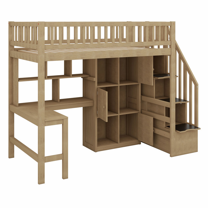 Wood Loft Bed With Built-In Desk, LED, Storage Shelves, Cabinets And Staircase, Walnut