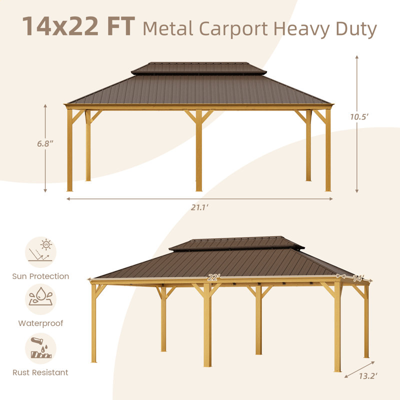14 Ft. W x 22 Ft. D Carport Galvanized Steel Portable Garage Storage Shed Canopy
