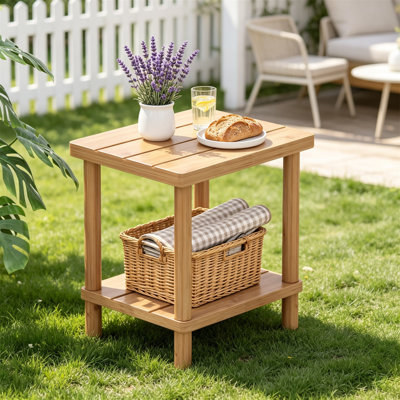 2-Tier Bamboo Outdoor Side Table for Patio, Weather Resistant, Natural