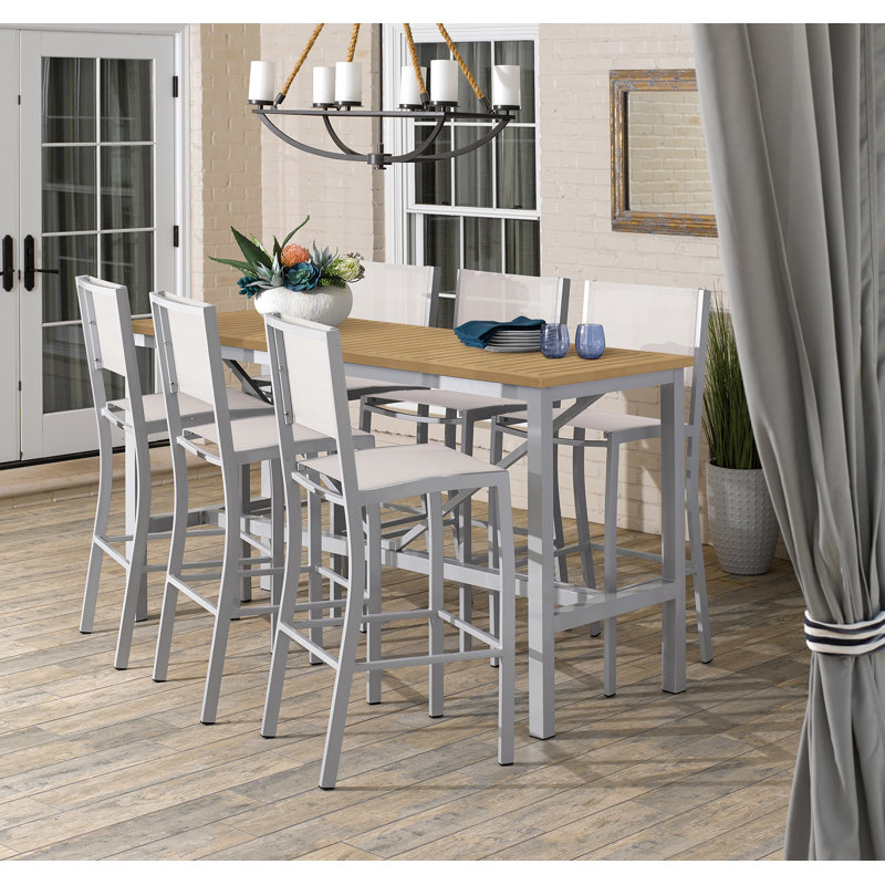 Travira 7-Piece Bar Table and Sling Bar Chair Rectangular Dining Set - 72"x30", Natural Sling, Silver/Gray 