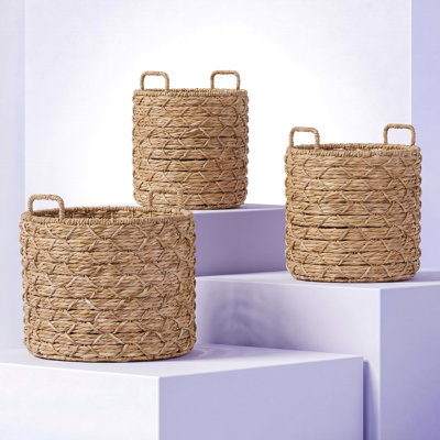 Panier de rangement décoratif et fonctionnel en jonc naturel tissé à la main avec poignées