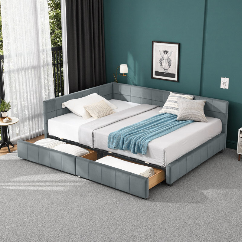 Grey Velvet Full-Size Tufted Sofa Bed Frame with Storage Drawers & Mid-Century Design, Gray, Full
