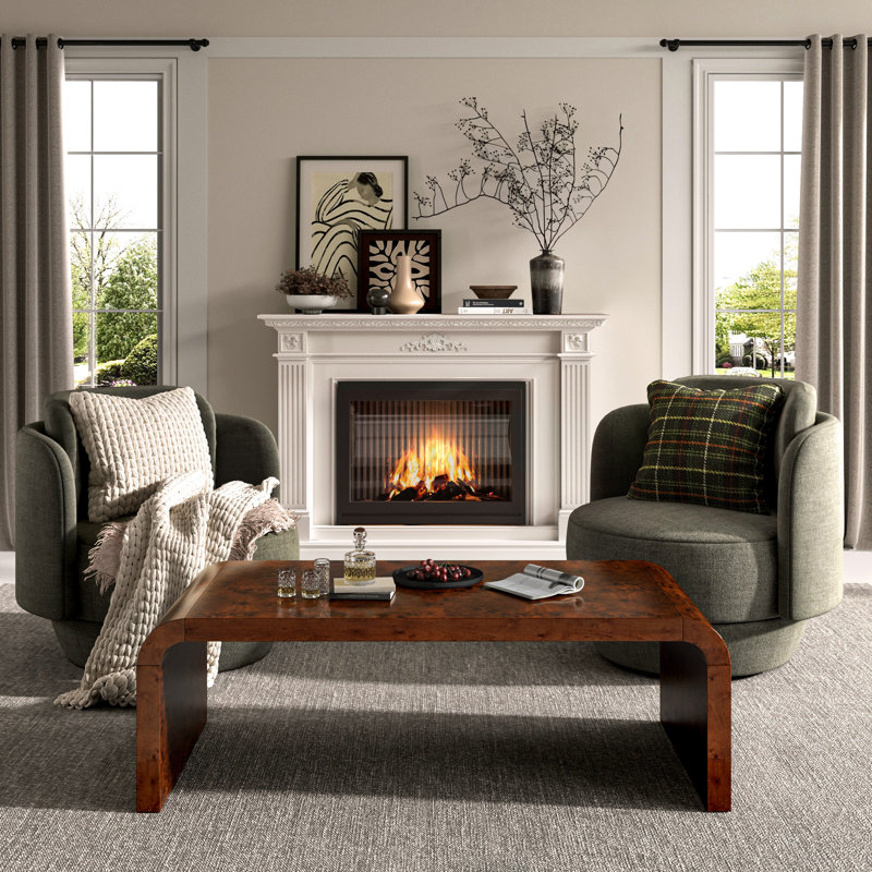 Kievie 48" W Burl Wood Coffee Table – Handcrafted Elegance with Sleek Curves, Dark Brown Wood