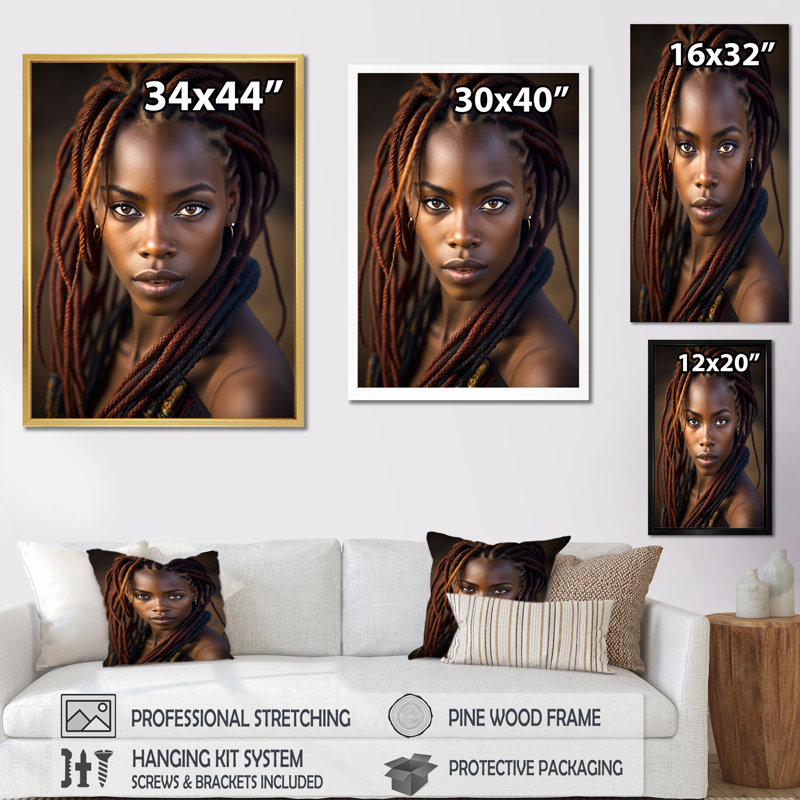 Magnifique beauté traditionnelle africaine sur toile, H 32 po x l 24 po x P 1 po, Cadre simple noir