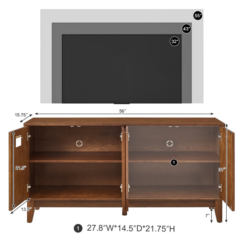 Mid-Century Modern TV Stand with 4 Doors and Adjustable Shelves, Wood Finish Media Console for Living Room