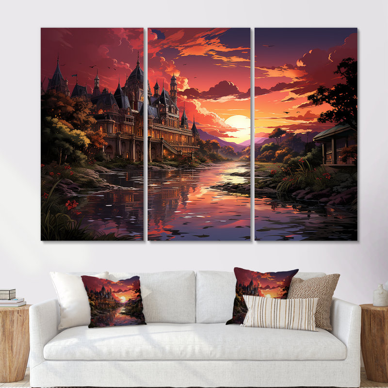 Mystère, château avec croal, coucher de soleil, ensemble d'art sur toile, Toile tendue, H 32 po x l 48 po x P 1 po