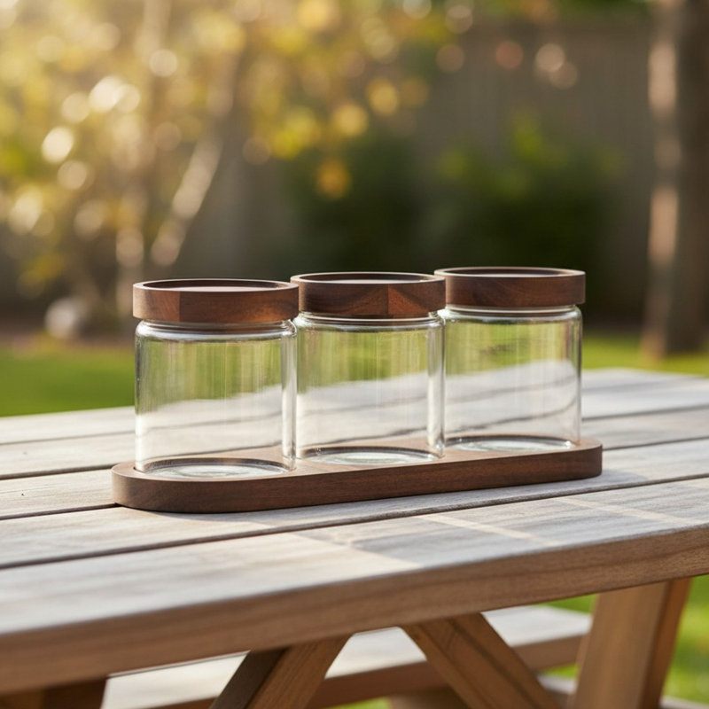 10 Strawberry Street Everyday Acacia 3-Piece Glass Canister Set W. Tray, Round