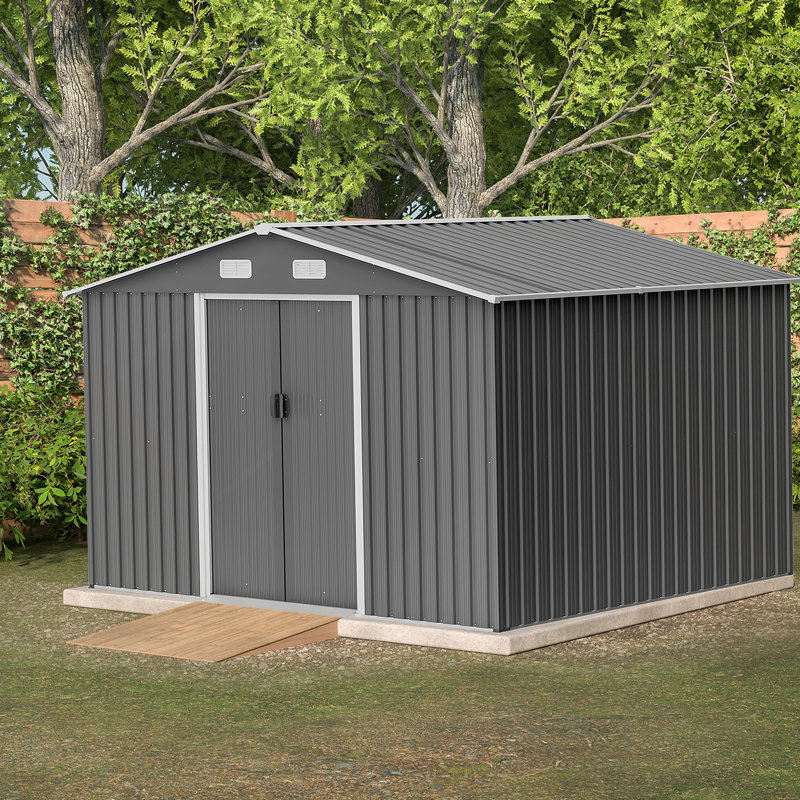 10X8 FT Outdoor Tool Storage Shed With Metal Foundation & Lockable Doors,  All Weather Metal Sheds, Gray