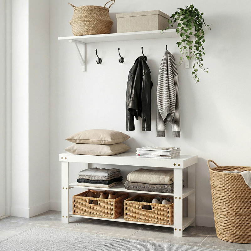 Wood Shoe Storage Bench with Seating, Entryway Organizer, Sturdy Construction for Hallway, White, White