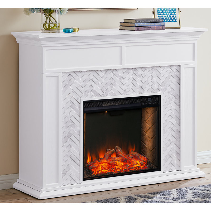 Brandy Tiled Marble Fireplace Mantel w/ Criss-Cross Electric Firebox