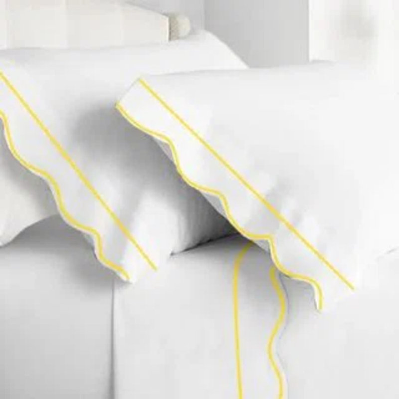 400TC Cotton Scallop Embroidery & Border Cotton 4 Piece Sheet Set Fitted Sheet Fits Upto 16" Deep Pocket, Yellow Border