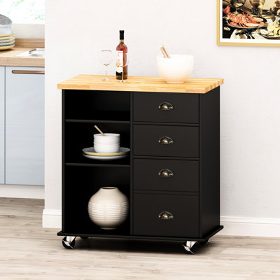 Chariot de cuisine en bois noir - 2 tiroirs, 1 porte 31,41 l x P 18,18 P 35,03 H Design moderne, facile à assembler avec tiroirs + bois contemporain, nécessaire