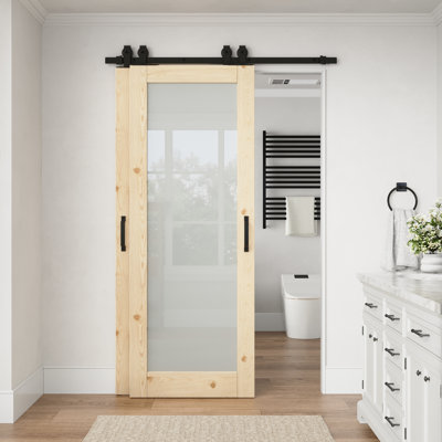 Porte en pin massif vitrée dépolie 48 po x 80 po avec quincaillerie pour porte coulissante de style grange, idéale pour le garde-manger et le placard.