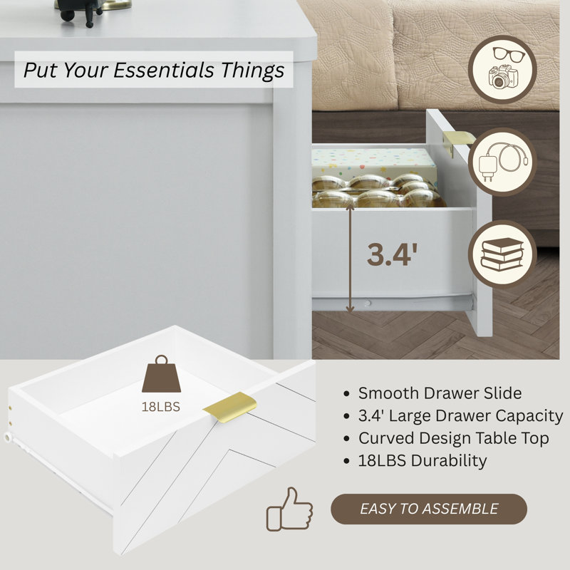 Luna 2 Drawer Set Of 2 Nightstand, Bedside Table With Storage Drawers, Night Stand For Bedroom, End Table Or Side Table For Living Room, 15.5" D X 18.9" W X 23.8" H, White/Gold