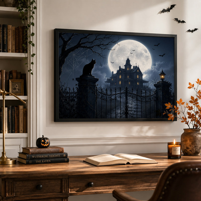 Art mural sur toile gothique Haunted Mansion Under Full Moon, 12"H x 18"W
