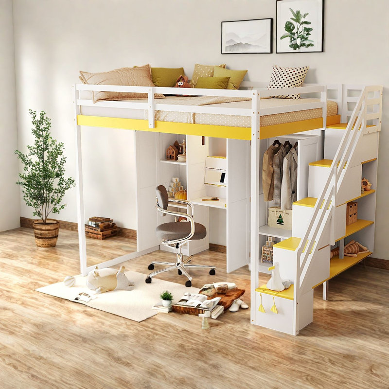 Lit mezzanine double multifonctionnel avec structure en bois, design moderne pour la maison