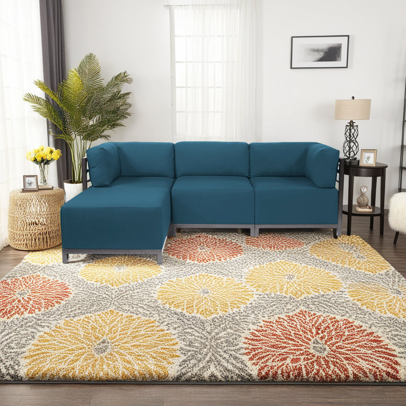 Canapé modulaire avec coussins Olen, Titane, Sunbrella® turquoise paysage marin
