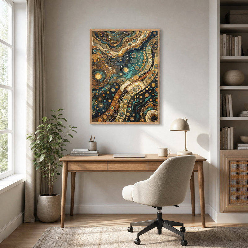 Tableau abstrait à motifs de cercles tourbillonnants turquoise et or sur toile, H 36 po x l 24 po