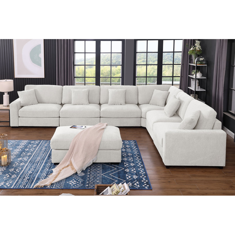 Modular Large 7 Seats Corner Sectional Sofa Comfy Cloud Couch With Movable Ottoman, White Chenille