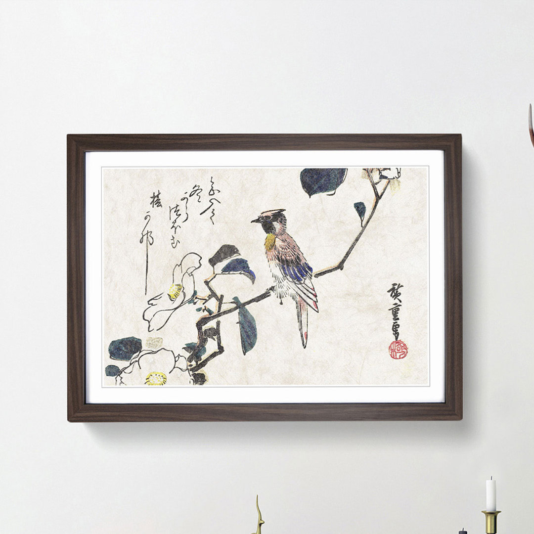 Oriole Bird on a Camellia Branch by Utagawa Hiroshige - Framed Print