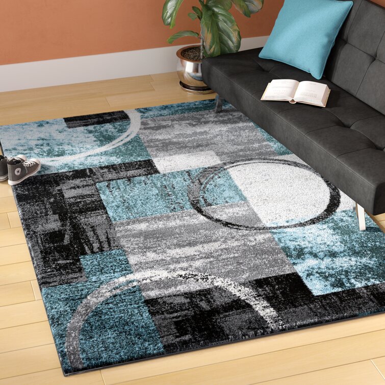 Flash Furniture Gideon Collection Geometric 5' x 5' Blue, Grey, and White Round Olefin Area Rug with Cotton Backing, Living Room, Bedroom